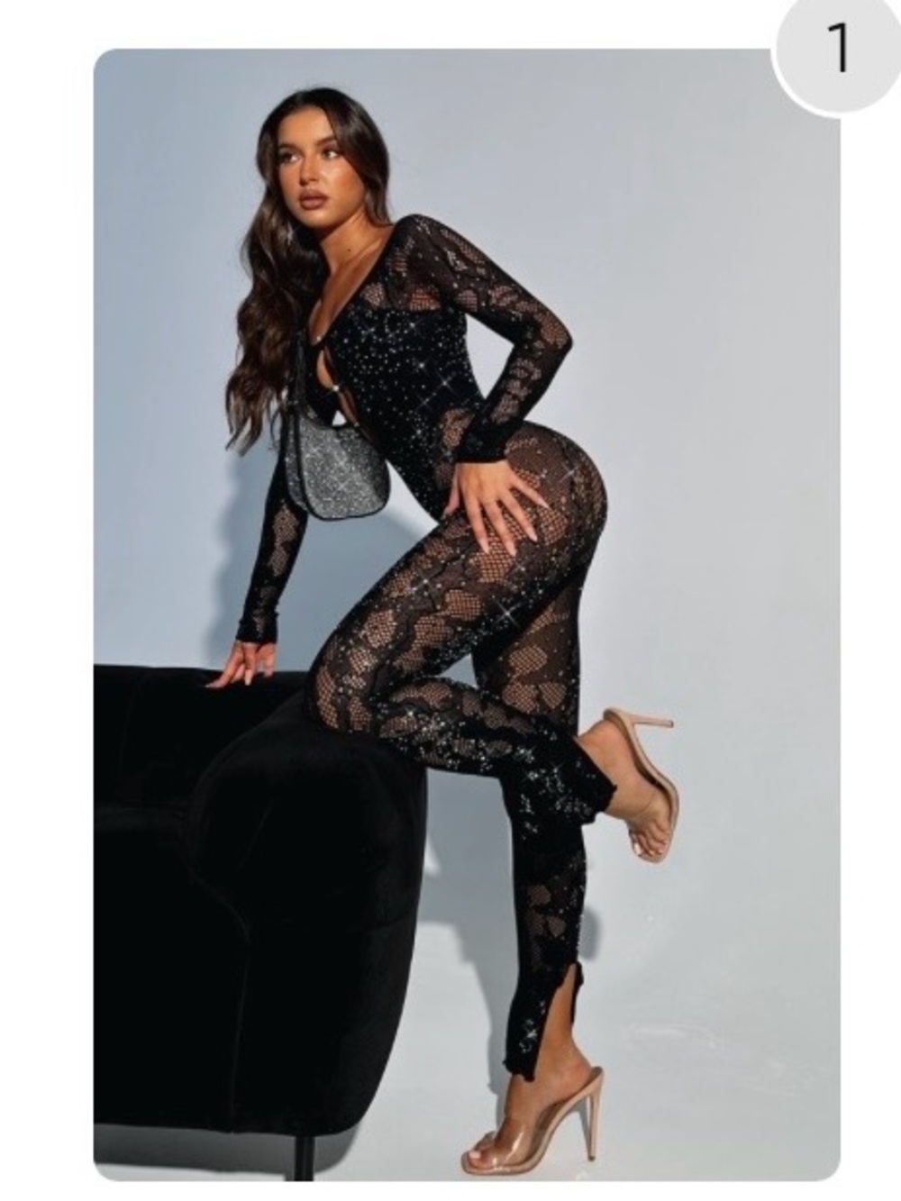 White Fox Boutique Black Lace Sheer Jumpsuit with Sequin Embellishment